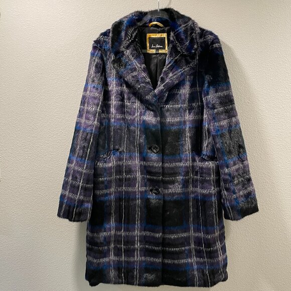 SAM EDELMAN NEW Faux Fur Plaid Long Sleeve Coat Black/Royal/Purple Size L - Picture 2 of 10